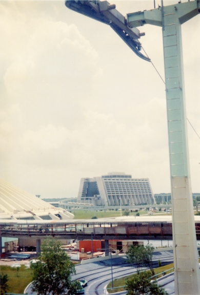 Image3.jpg - View of the Contemporary Resort, Space Mountain (under construction) and, the Speedway ride from the now gone Fantasyland to Tomorrowland arial tramway.
